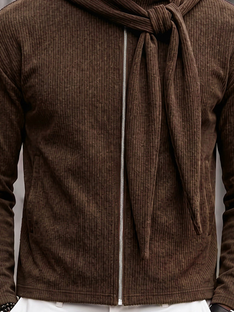 Casual Relaxed Fit Ribbed Zip-Up Hoodie