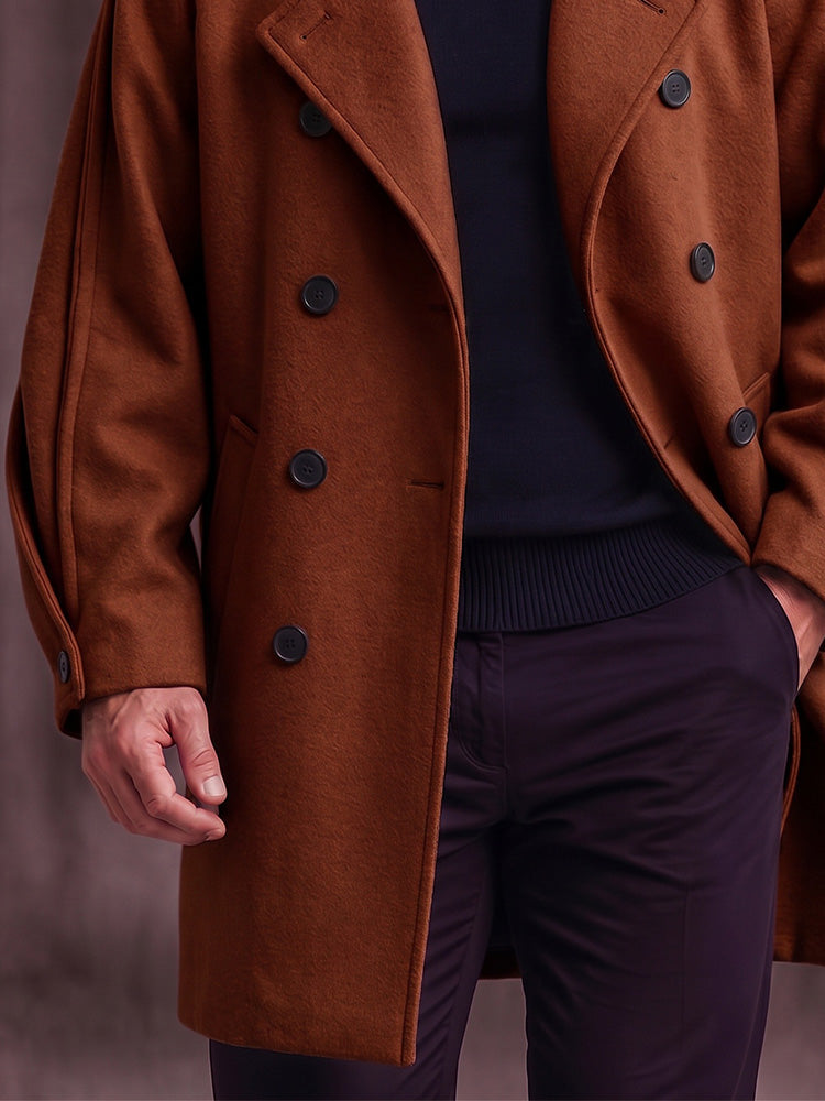 Casual Contrast Lapel Double-Breasted Overcoat