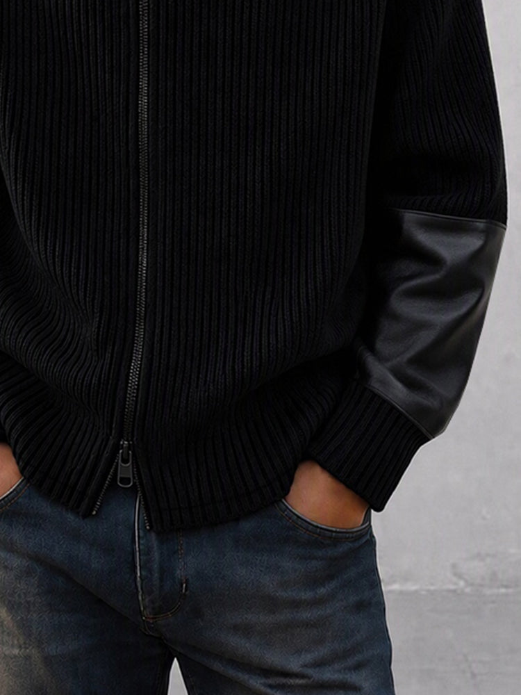 Casual Faux Leather Panel Stand Collar Knit Cardigan