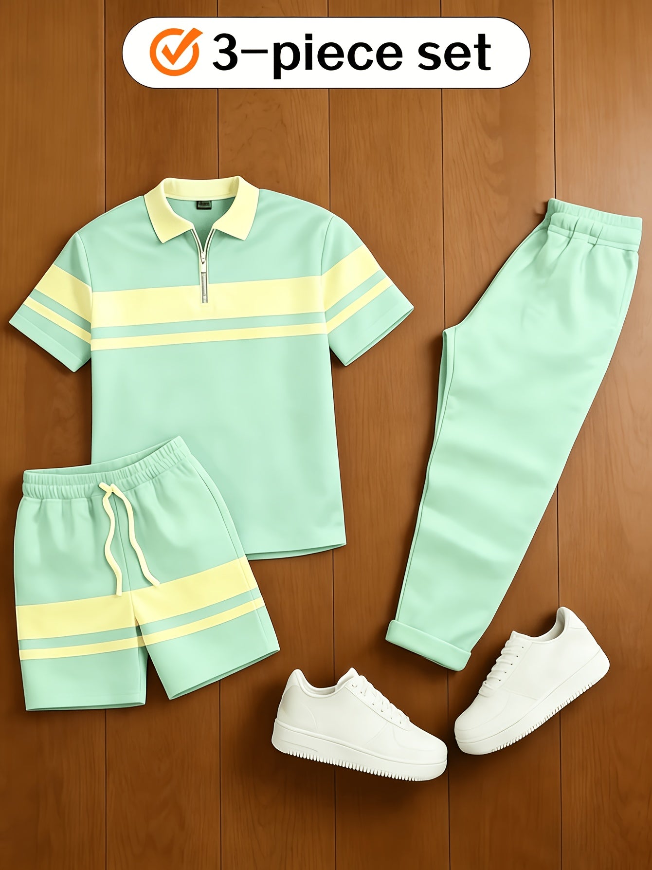 Men's Casual Matching Vintage Style Checkered Printed Zipper Short Sleeved Polo Shirt & Trousers & Shorts 3Pcs