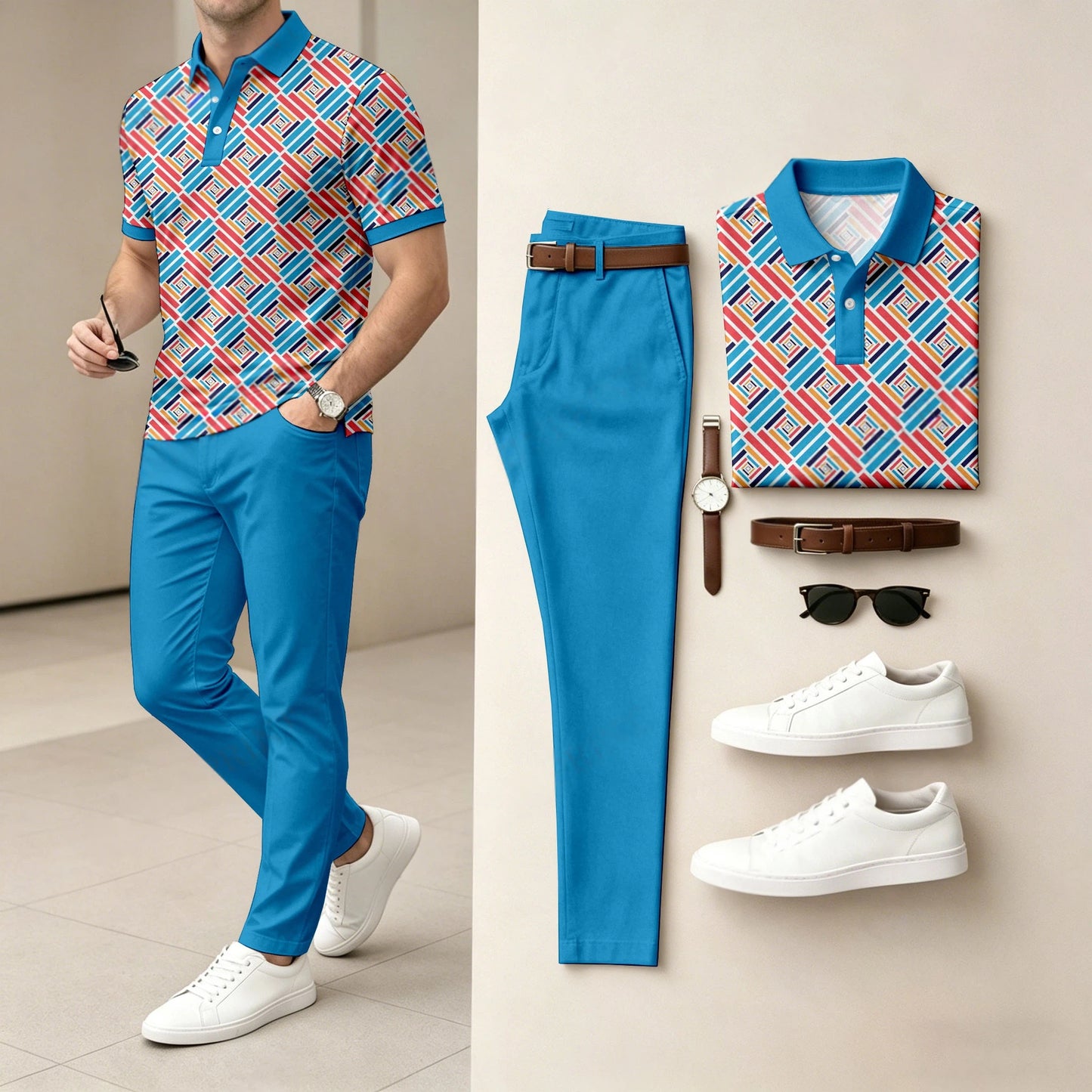 Men's Casual Royal Blue Printed Polo Shirt And Pants Two-Piece Set
