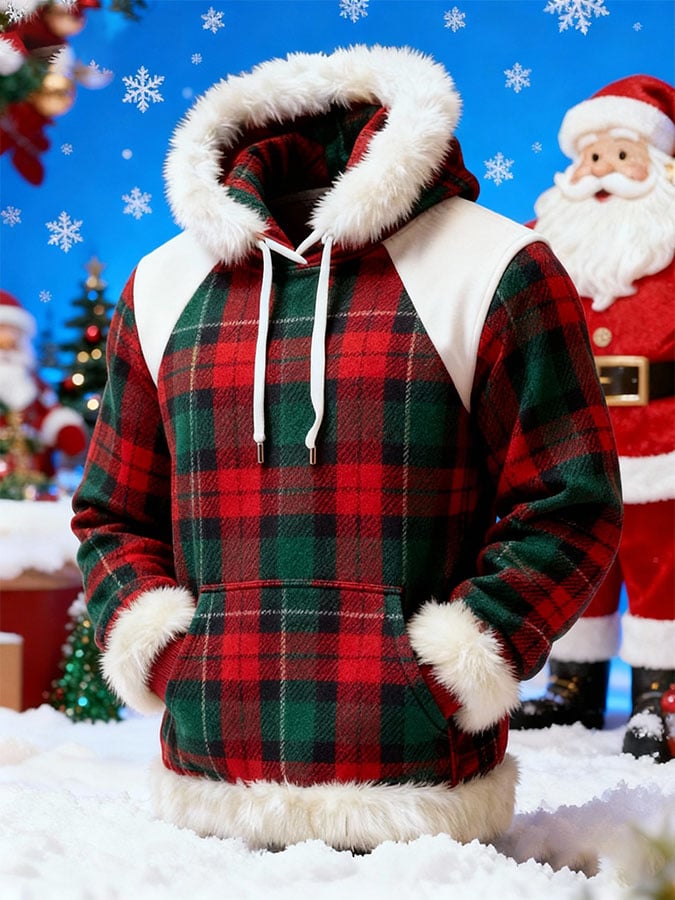 Men's Casual Patchwork Fur Collar Faux Sequin Print Hooded Sweatshirt