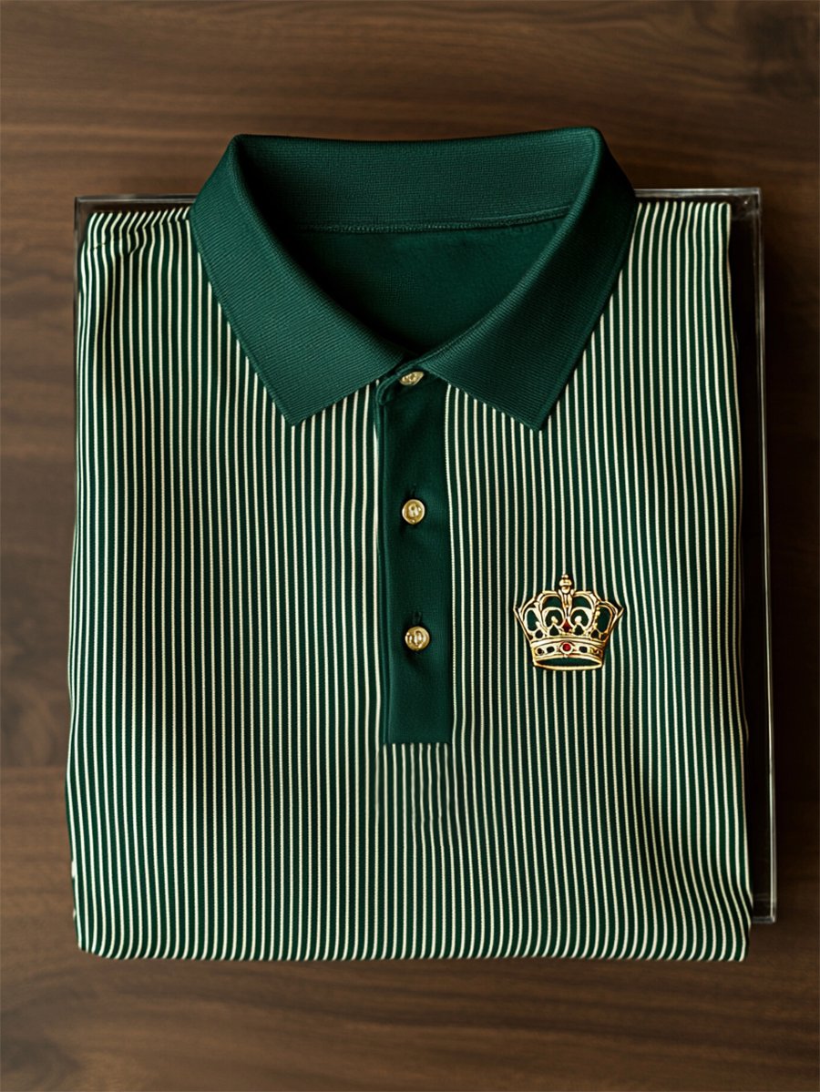 Men's Business Casual Striped Logo Button Short Sleeve Polo Shirt