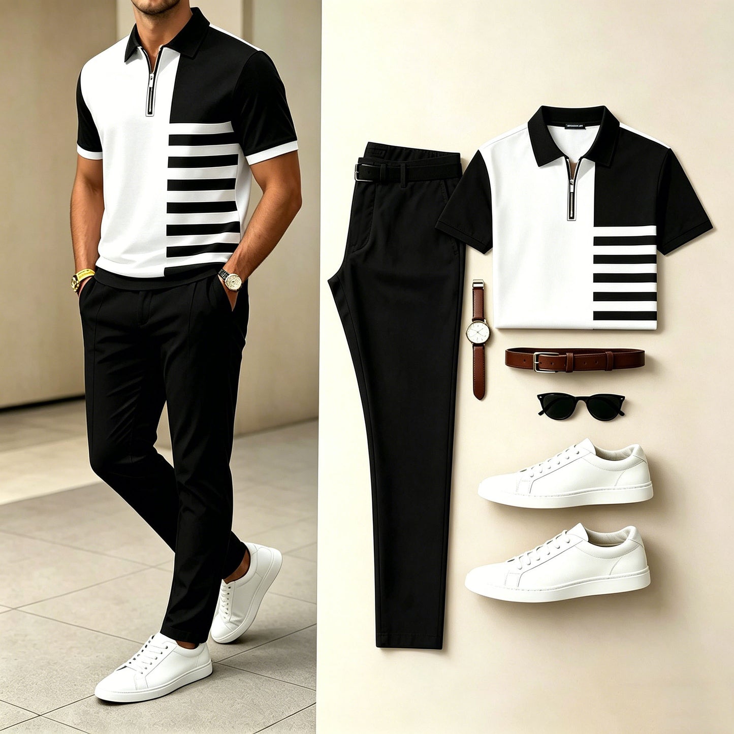 Men's Casual Printed Polo Shirt And Pants Two-Piece Set