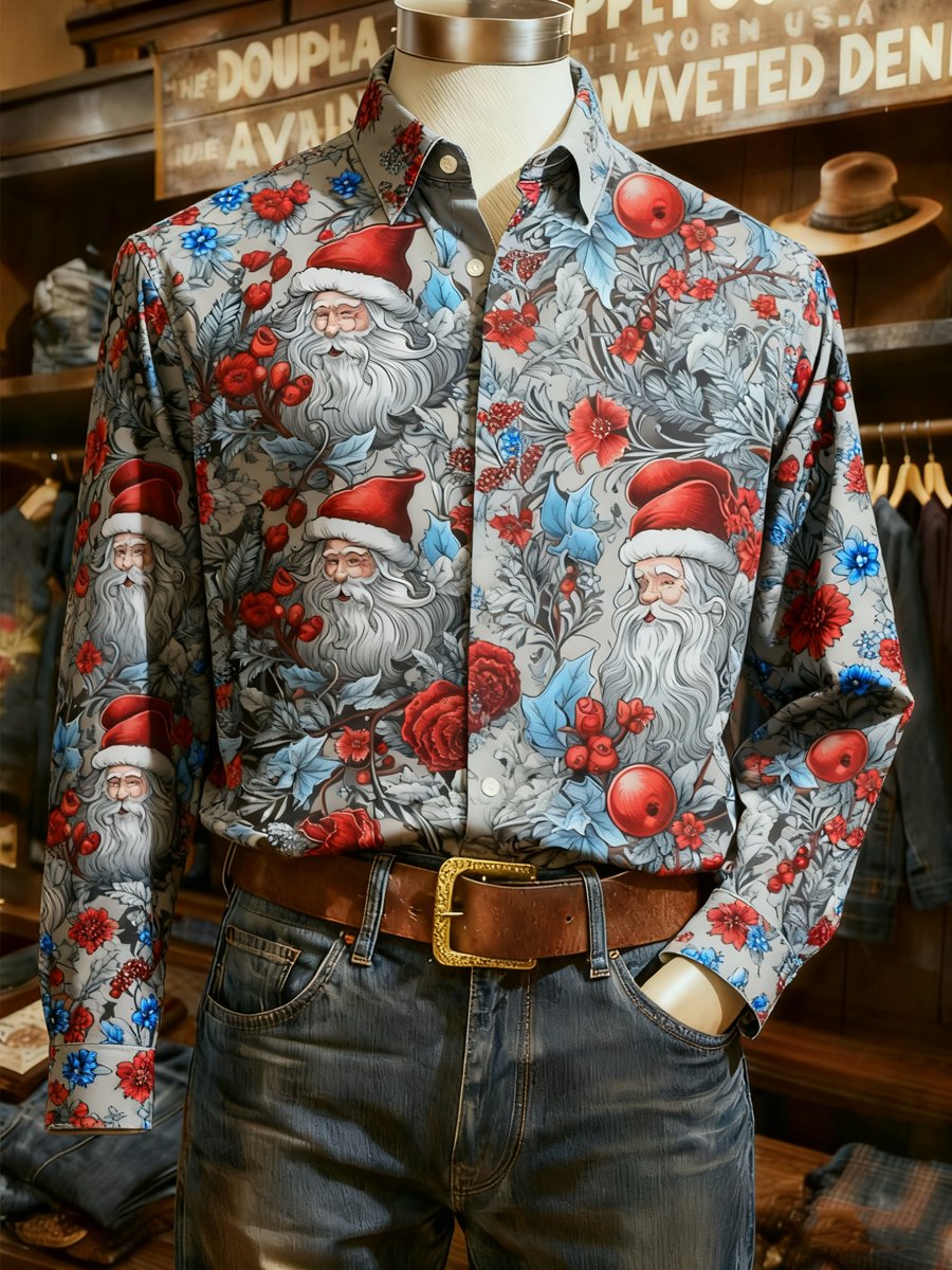 Men's Business Floral Christmas Evergreen Print Long-Sleeve Shirt