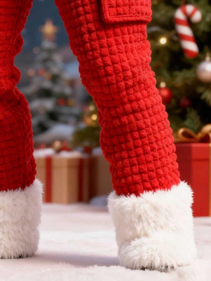 Men's Knitted Waffle Patchwork Plush Christmas Cargo Pants