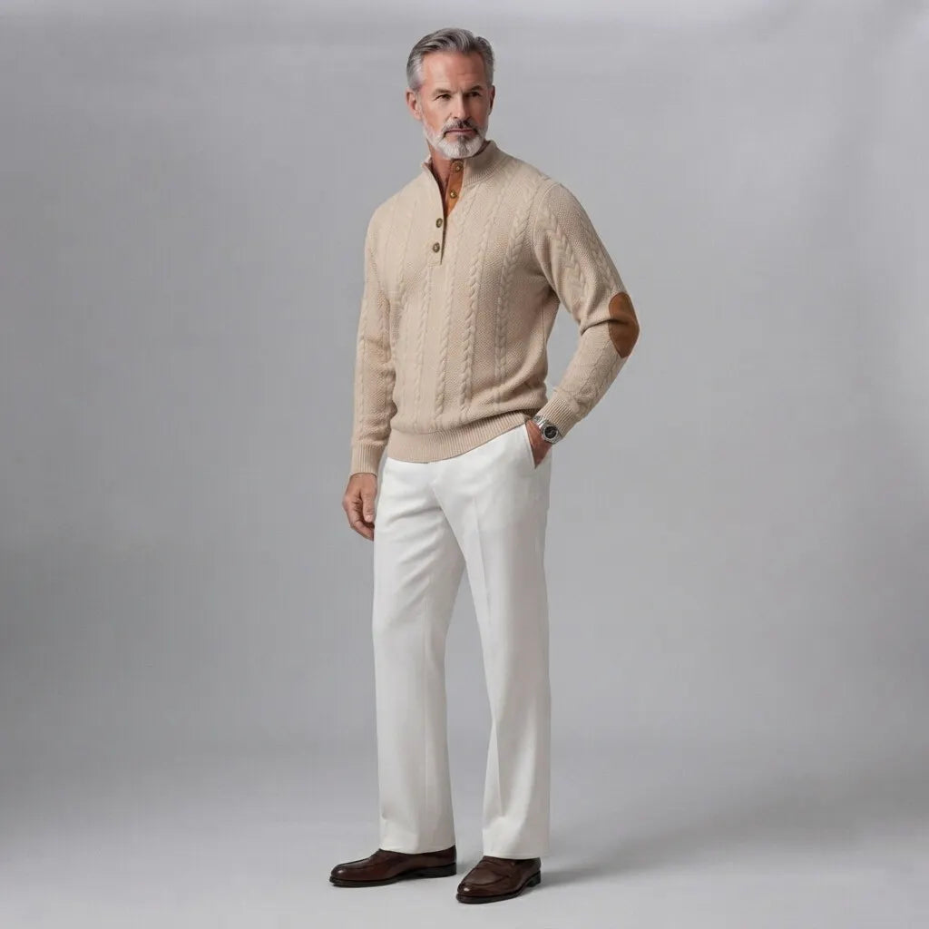 Men's Cable Knit Button Half Placket Stand Collar Patchwork Sweatshirt