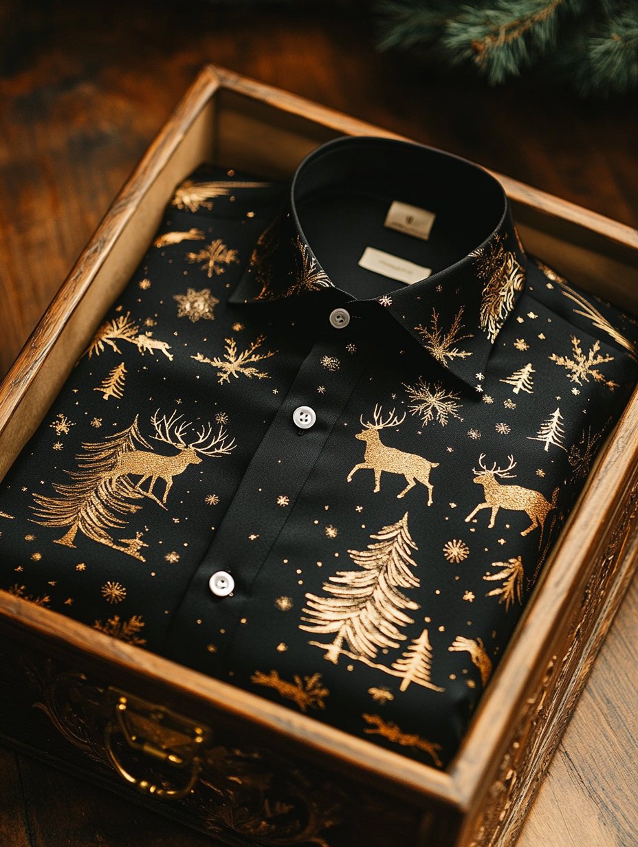 Christmas Men's Business Luxury Elk Print Long Sleeve Shirt