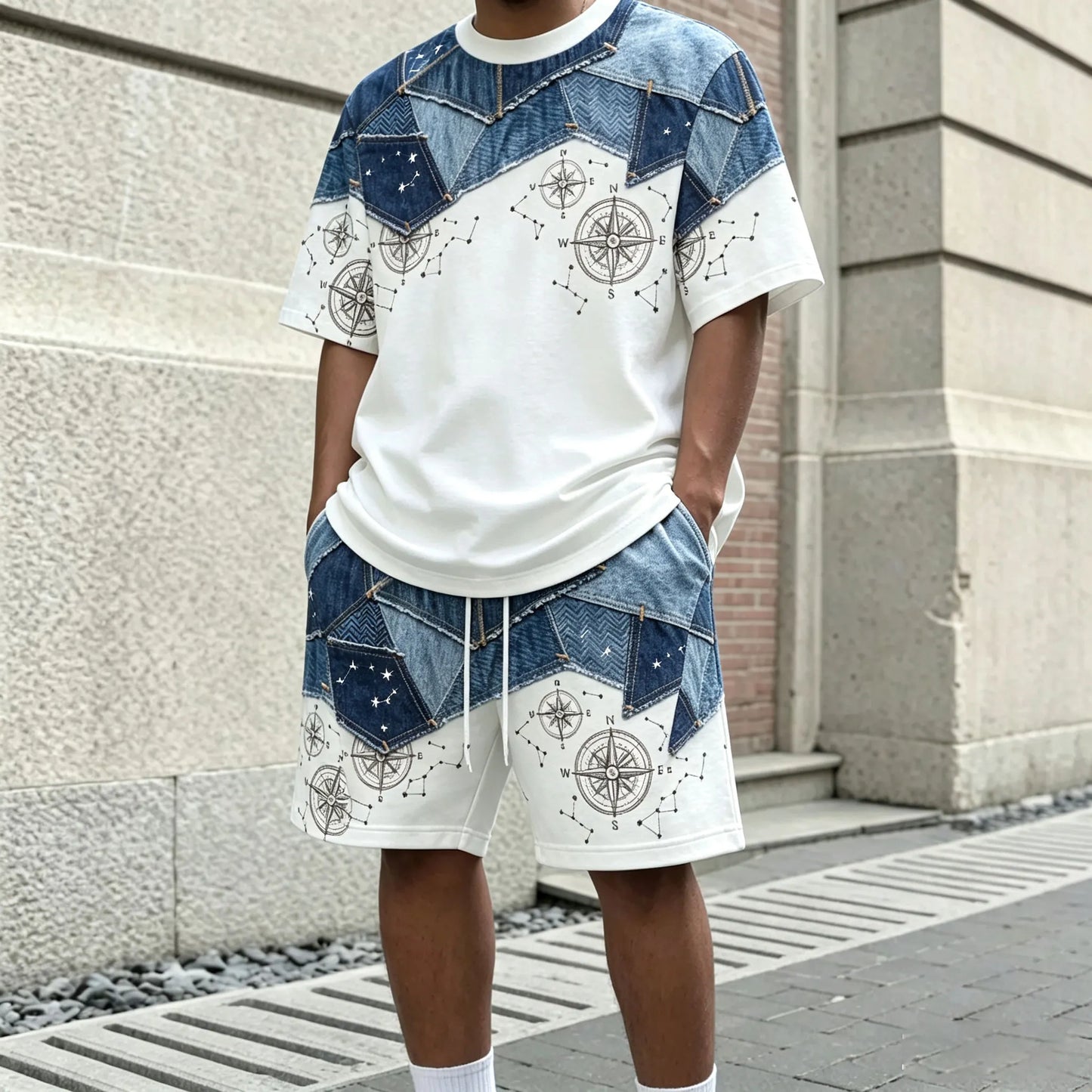 Men's Two-Tone Printed Crew-Neck Short-Sleeve T-Shirt and Shorts Set
