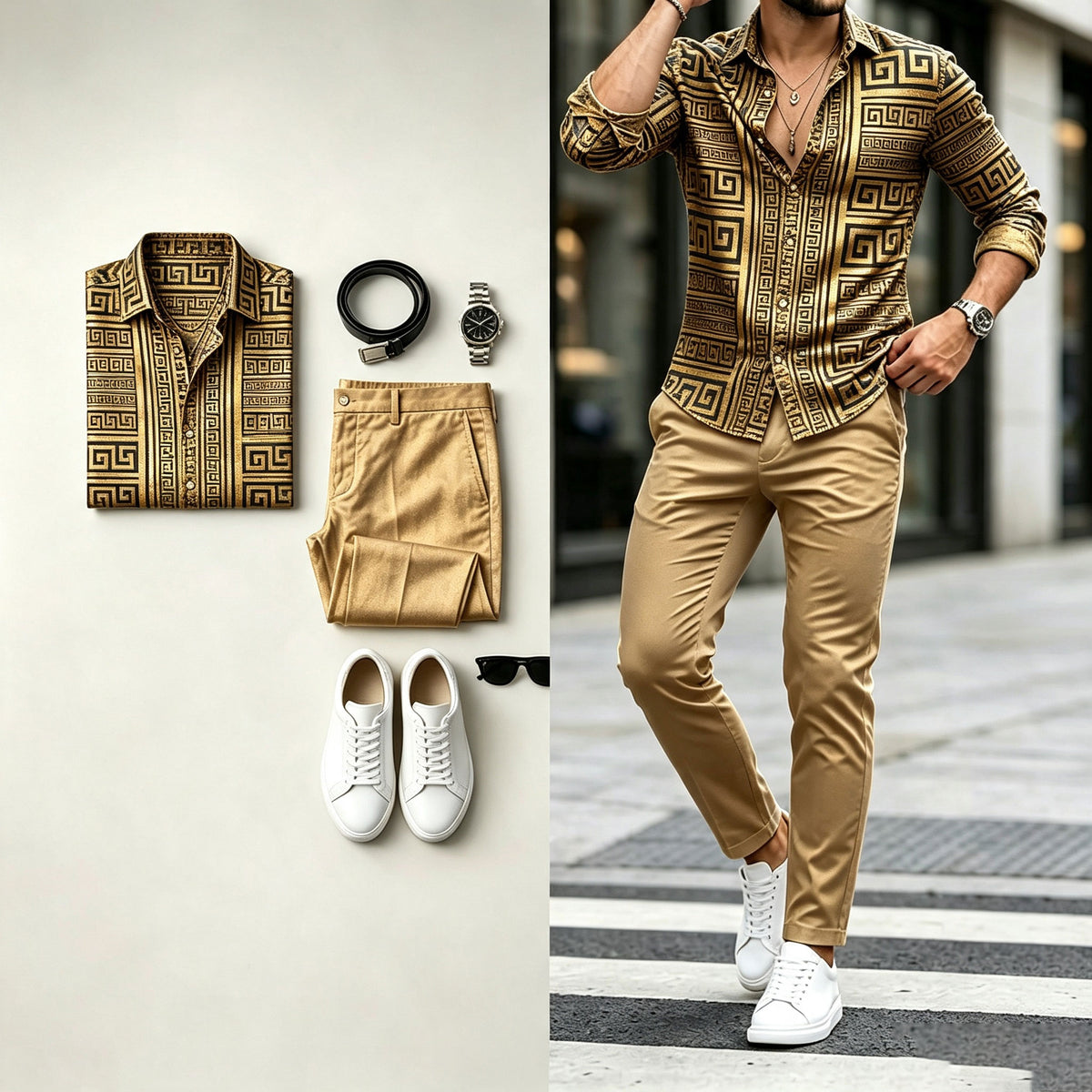 Men's Long-Sleeve Shirt and Pants Set with Swastika Print
