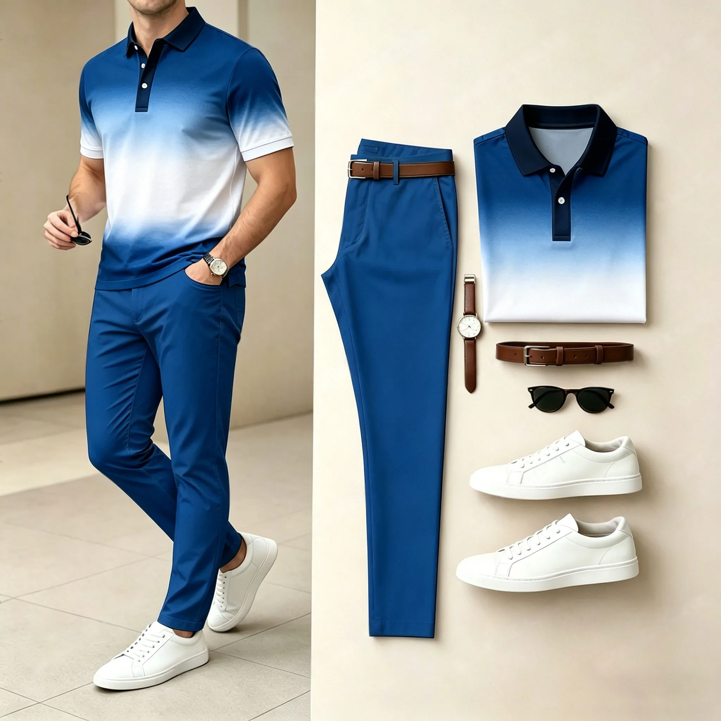 Men's Casual Blue & White Printed Polo Shirt And Pants Two-Piece Set