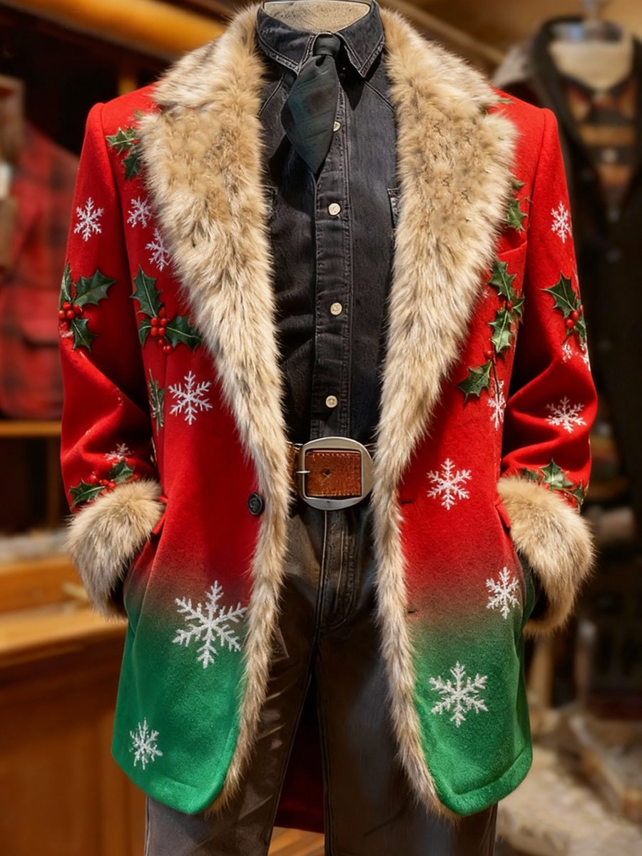 Men's Christmas Holly Snowflake Plush Lapel Suit Jacket