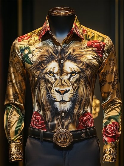 Men's Satin Luxe Lion Long Sleeve Button Down Shirt