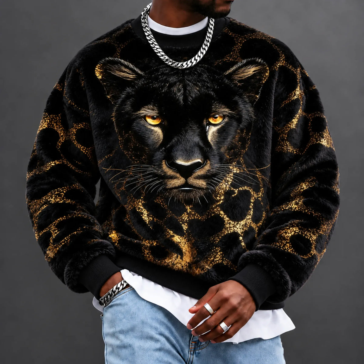 Men's Black Panther Print Crewneck Sweatshirt