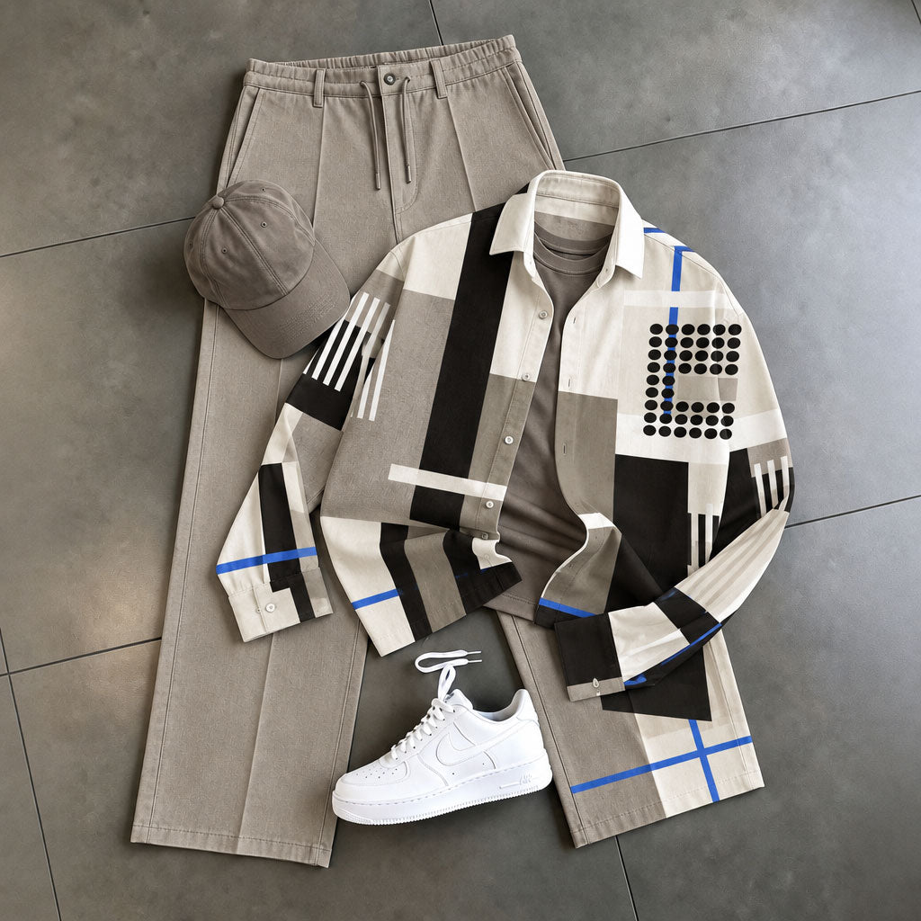 Men's Two-Piece Set: Geometric-Print Shirt and Pants