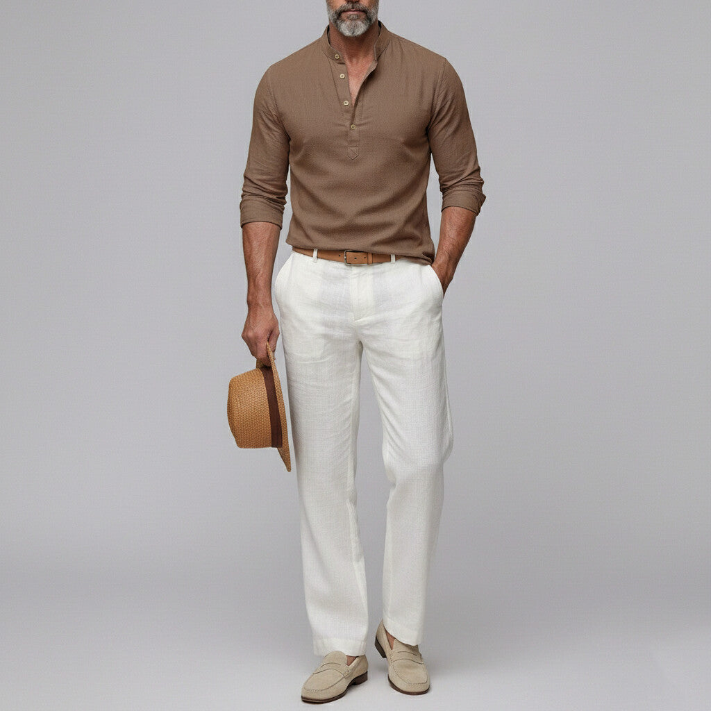 Men's Solid Color Stand Collar Half Placket Pullover Long Sleeve Shirt