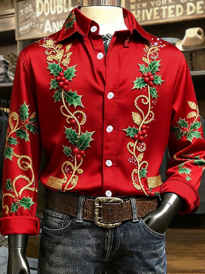 Men's Christmas Art Design Printed Long Sleeve Casual Shirt