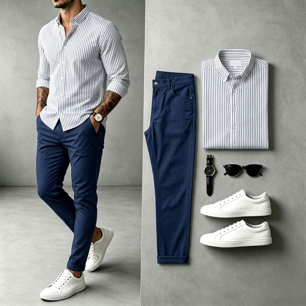 Men's Striped Long-Sleeve Shirt and Pants Set