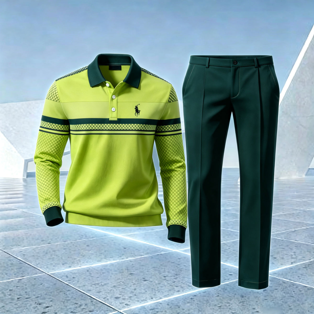 Men's Green Striped Polo Shirt and Pants Set