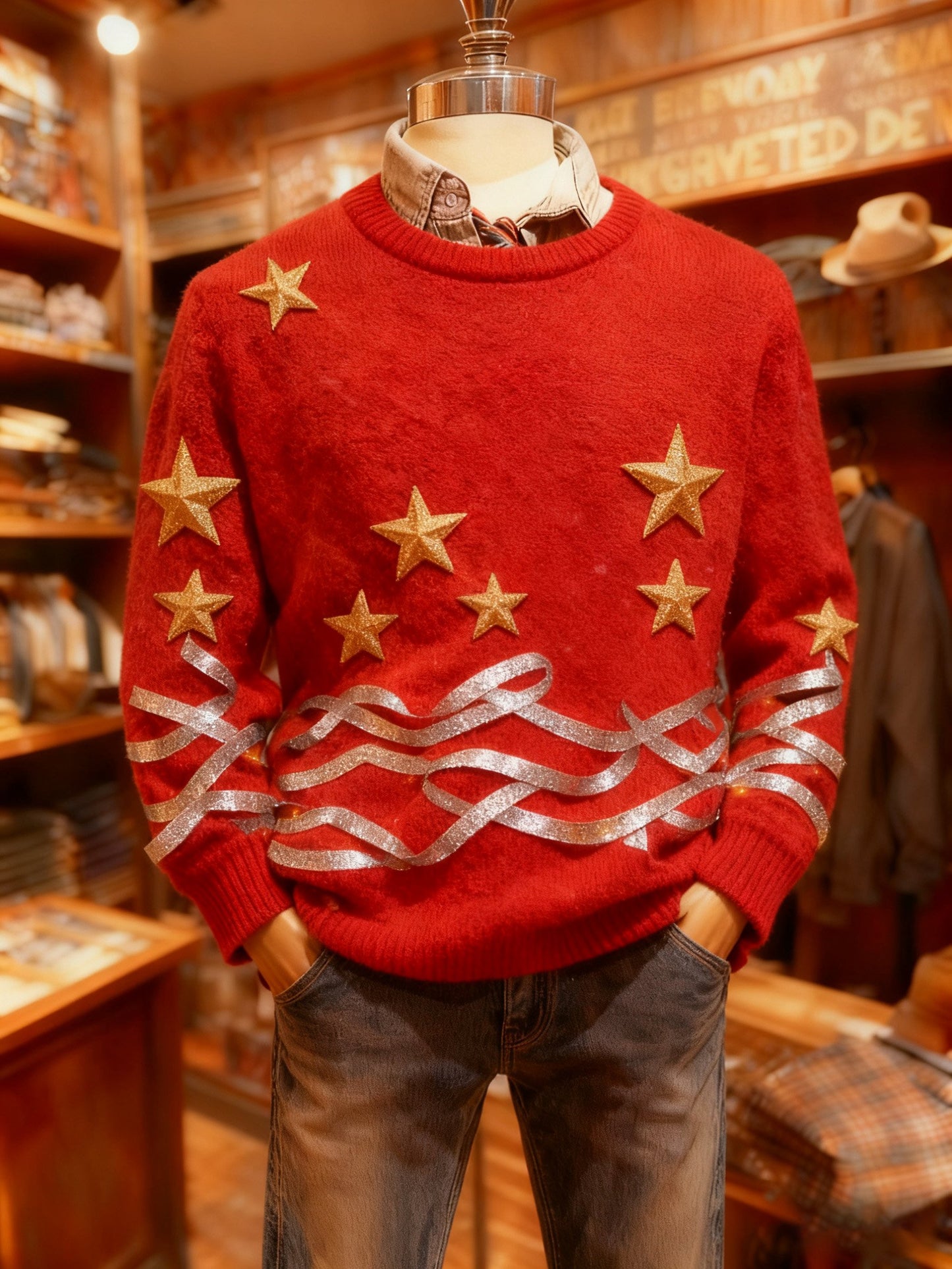 Men's Crew Neck Holiday Print Knit Sweater