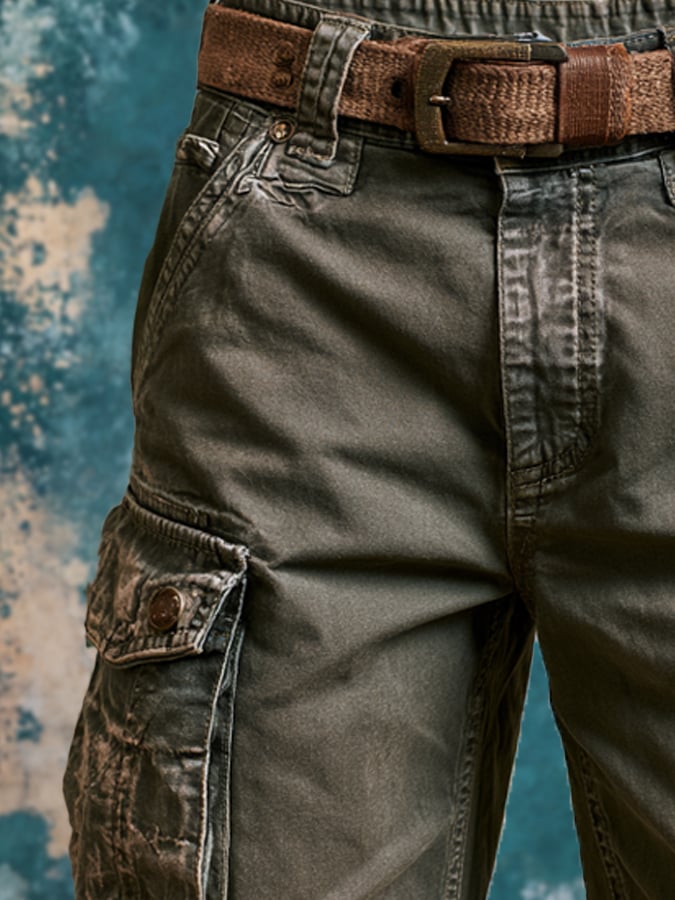 Men's Retro Outdoor Multi-Pocket 100% Cotton Washed Cargo Shorts
