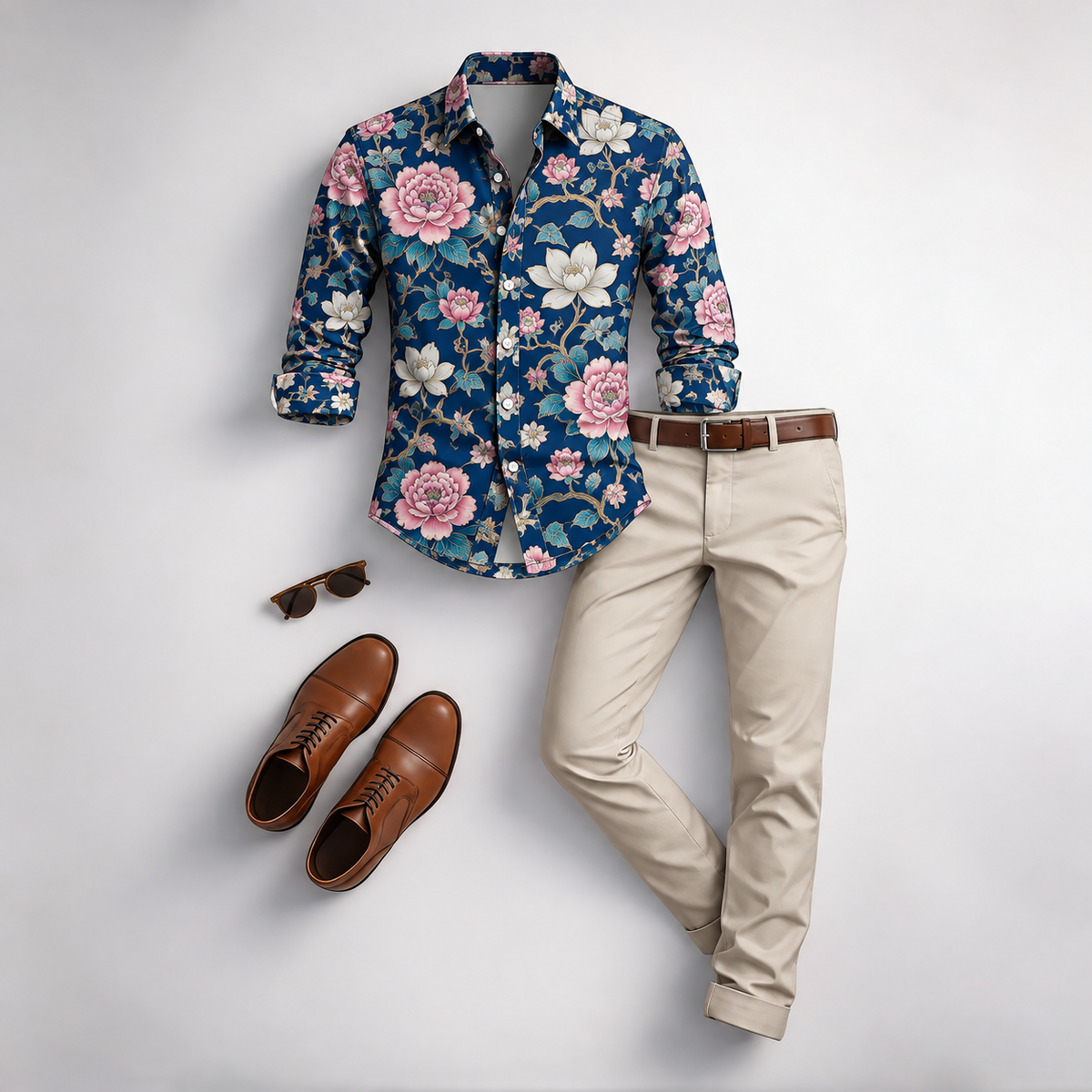 Men's Vintage Floral Print Long-Sleeve Shirt and Pants Set