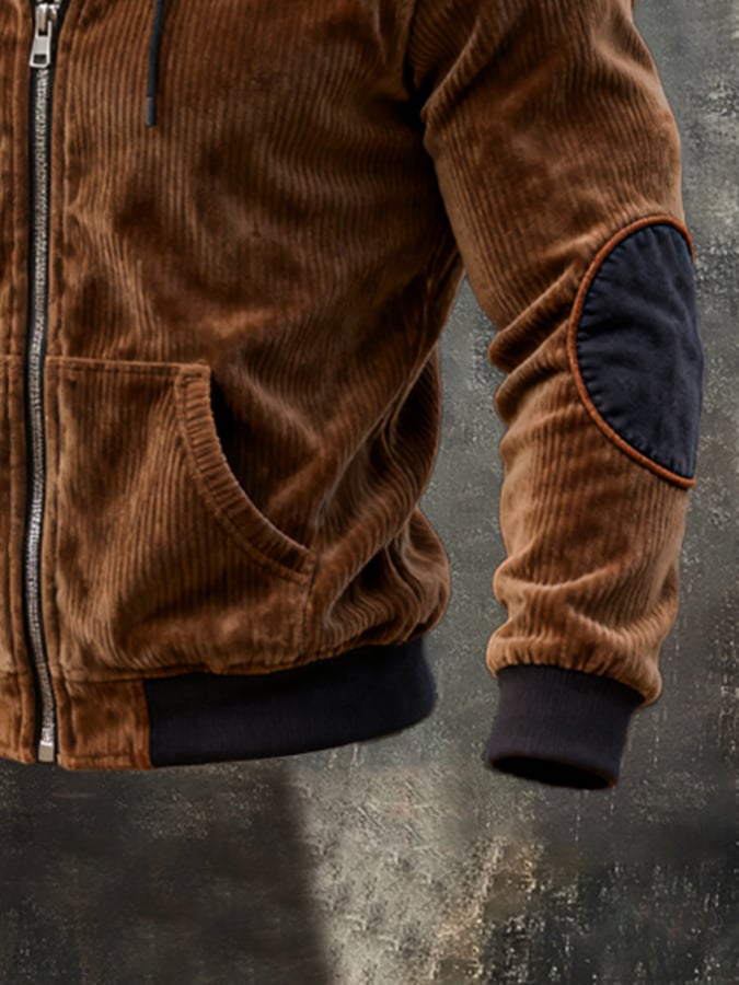 Men's Vintage Corduroy Plaid Fake Two-Piece Hooded Jacket