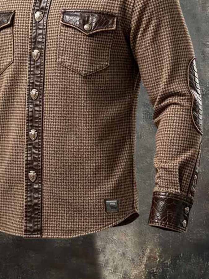 Men'S Vintage-Style Western Shirt With Leather Paneling And Dual Pockets (Detachable Fur Collar)