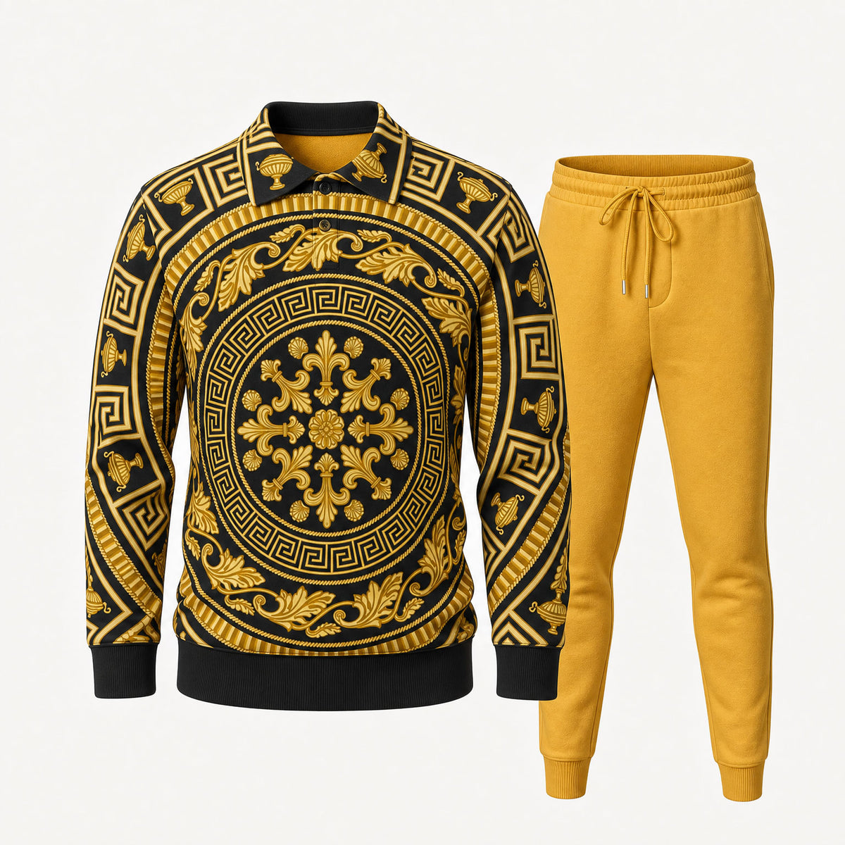 Men's Two-Piece Set: Polo Shirt and Pants with Interlocking Pattern Print
