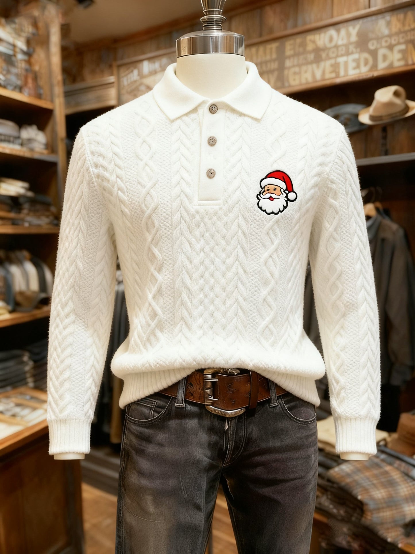 Men's Christmas Business Logo Print Long Sleeve Polo Shirt