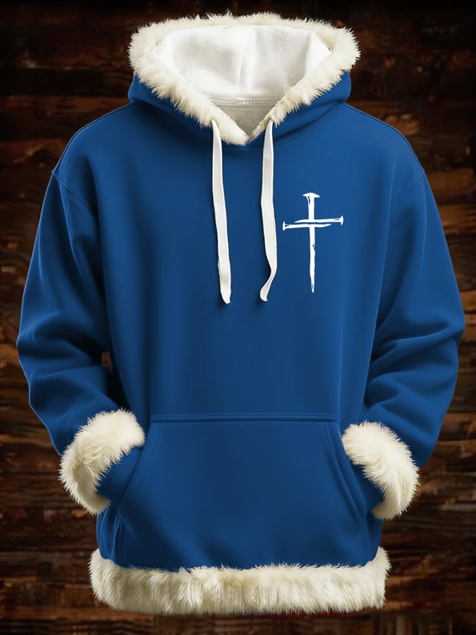 Men's Retro Faith Cross Print Patchwork Fur Collar Hooded Sweatshirt
