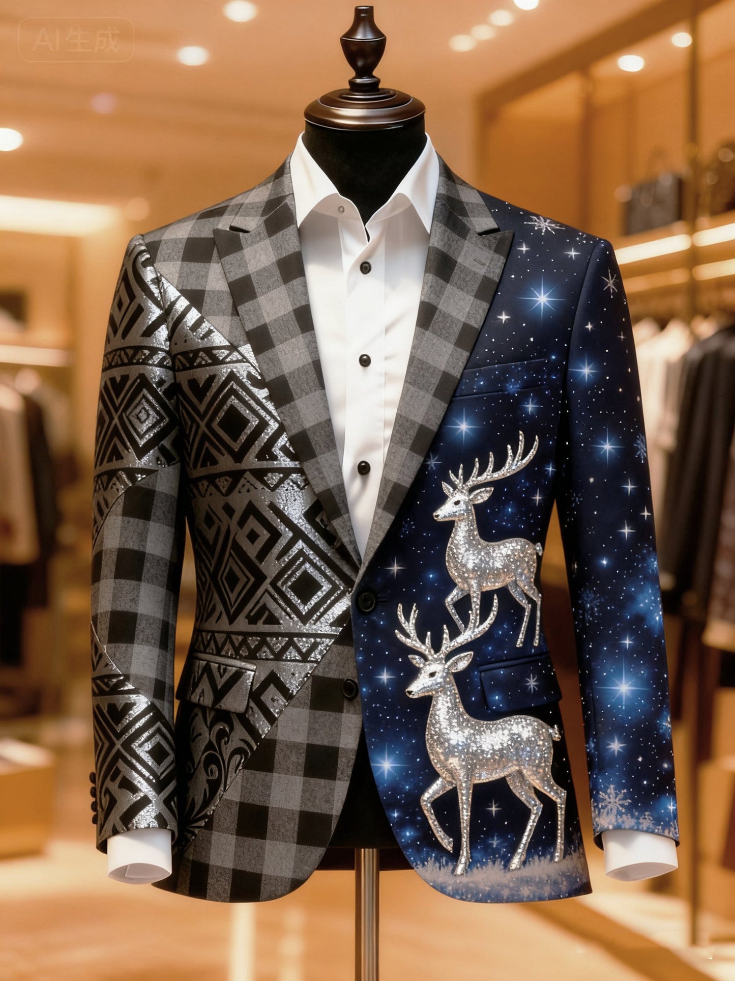 Men's Business Casual Large Pocket Vintage Christmas Print Blazers