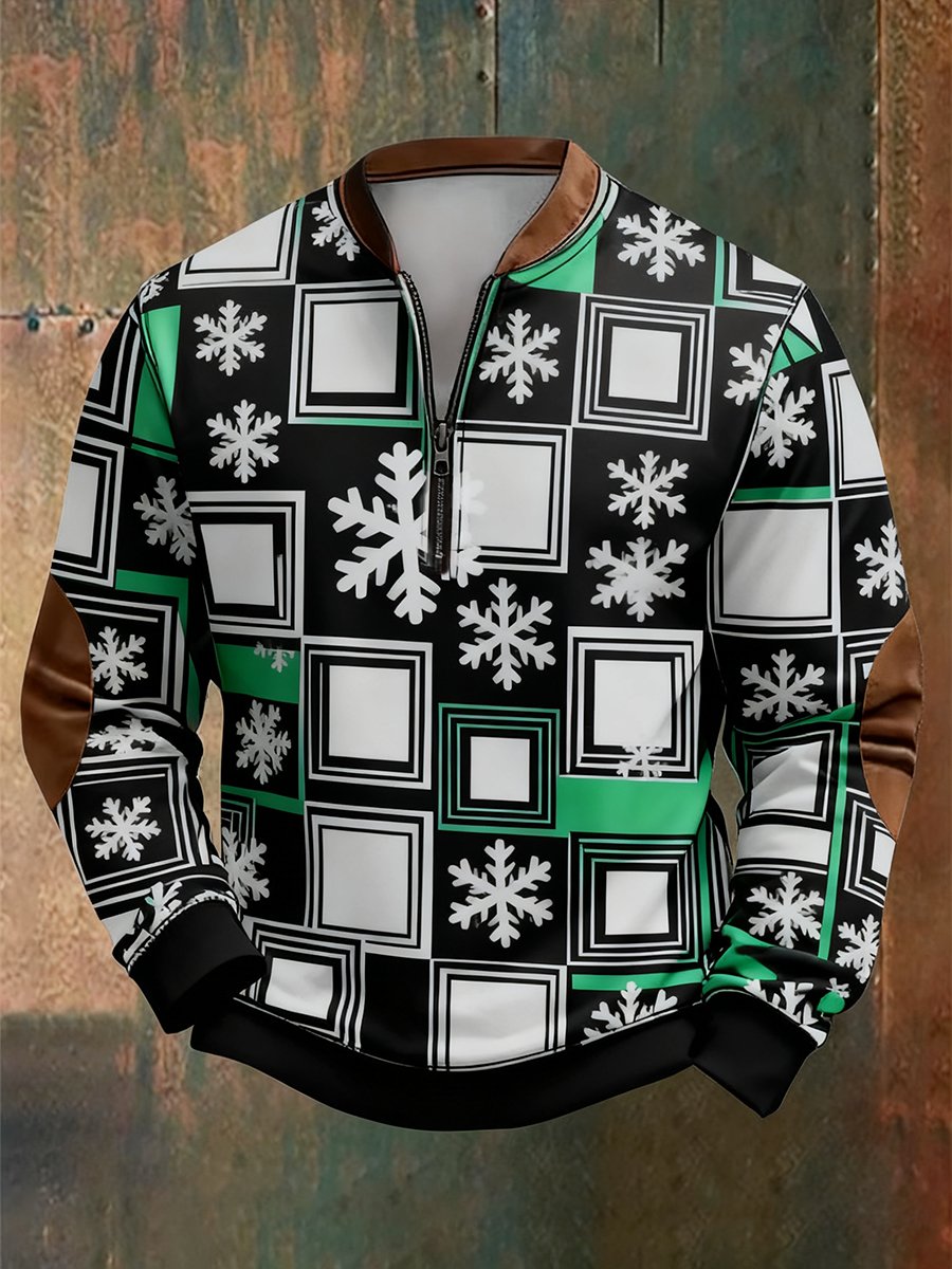 Men's Retro Christmas Bauhaus Geometric Style Print Quarter Zip Sweatshirt