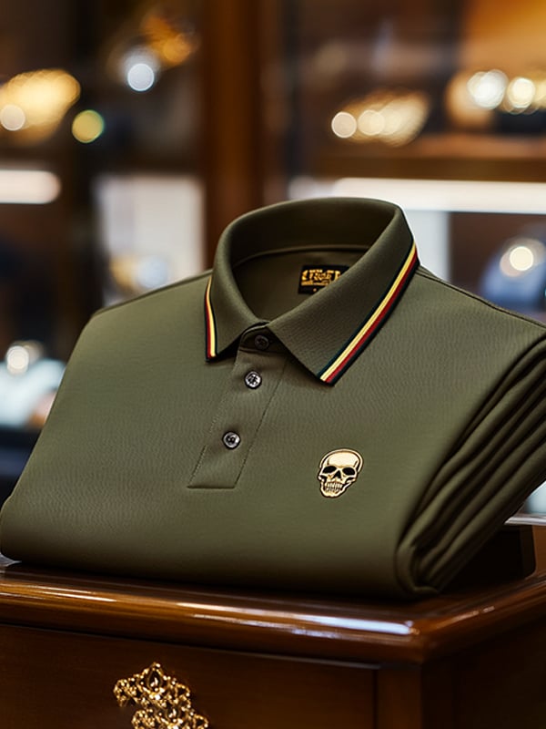 Men's Business Casual Skull Print Button-Down Polo Shirt
