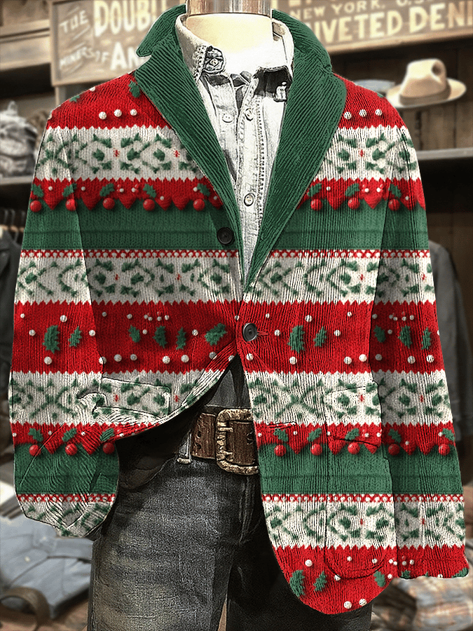 Men's Retro Christmas Art Print Corduroy Casual Jacket