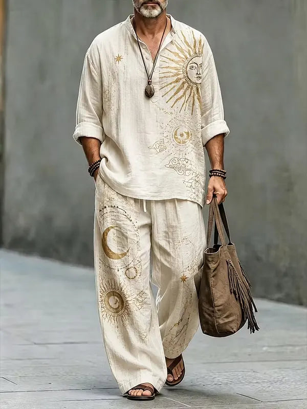 Men's Mysterious Sun Moon Star Print Half Button Long Sleeve Shirt Pants 2pcs Set
