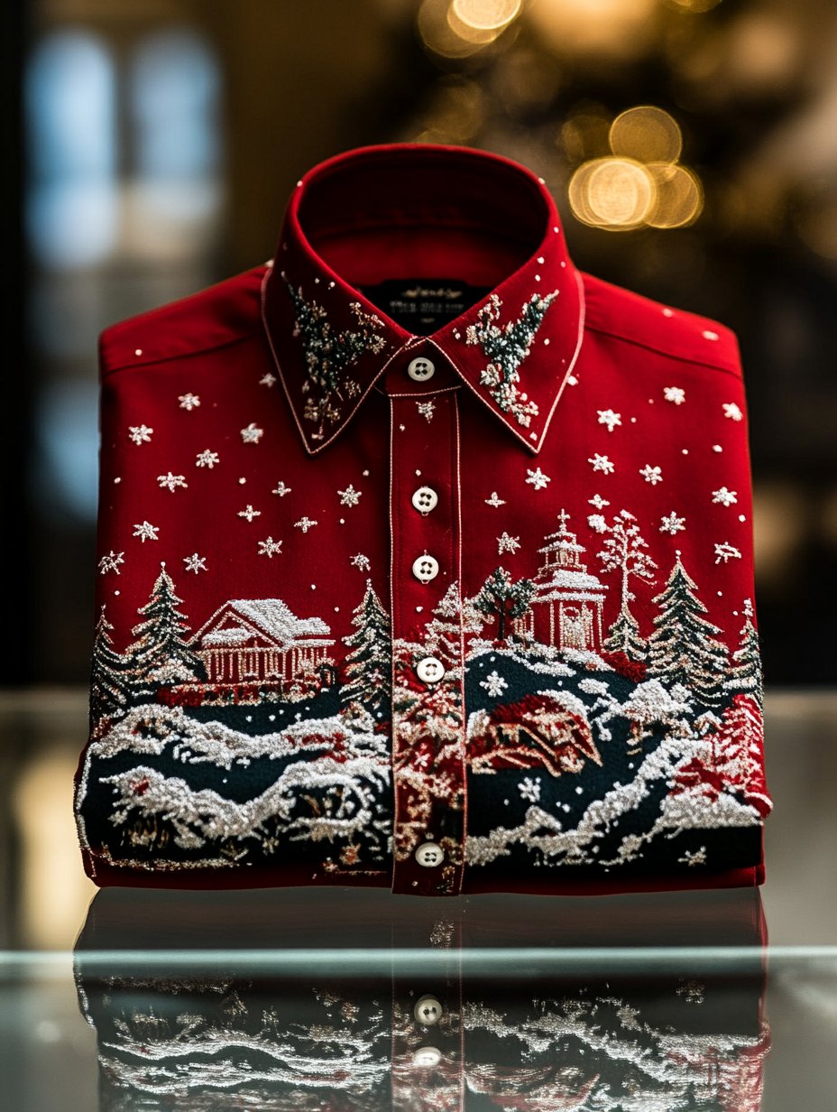 Men's Retro Christmas Print Santa Gifts Long Sleeve Shirt