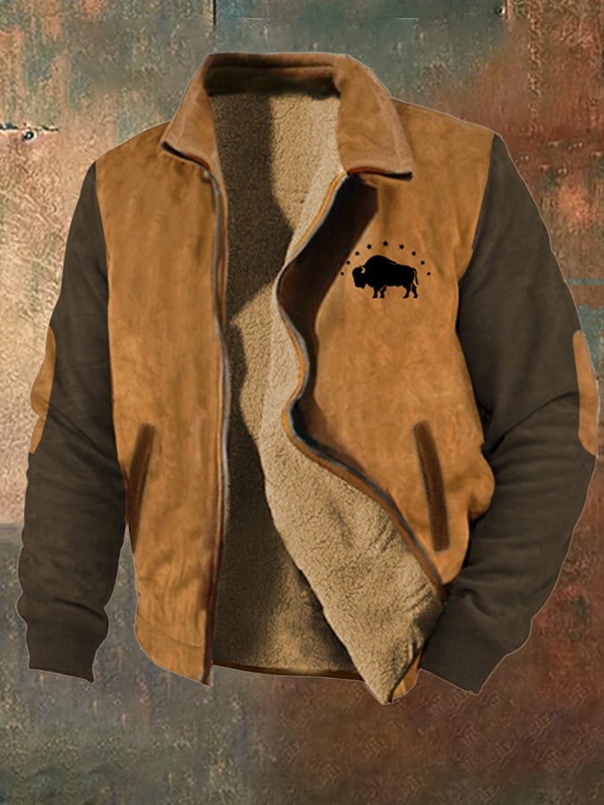 Men's vintage western hunting patchwork warm fleece jacket