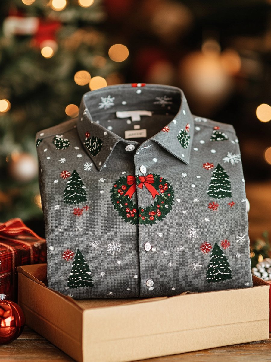 Men's Business Christmas Tree Wreath Print Long Sleeve Shirt