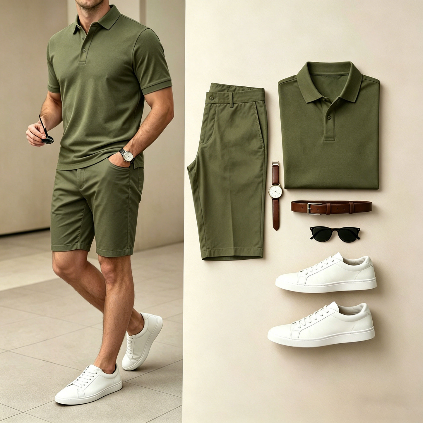 Men's Casual Solid Green Polo Shirt And Shorts Two-Piece Set (Does Not Include Watch, Belt, Or Accessories)