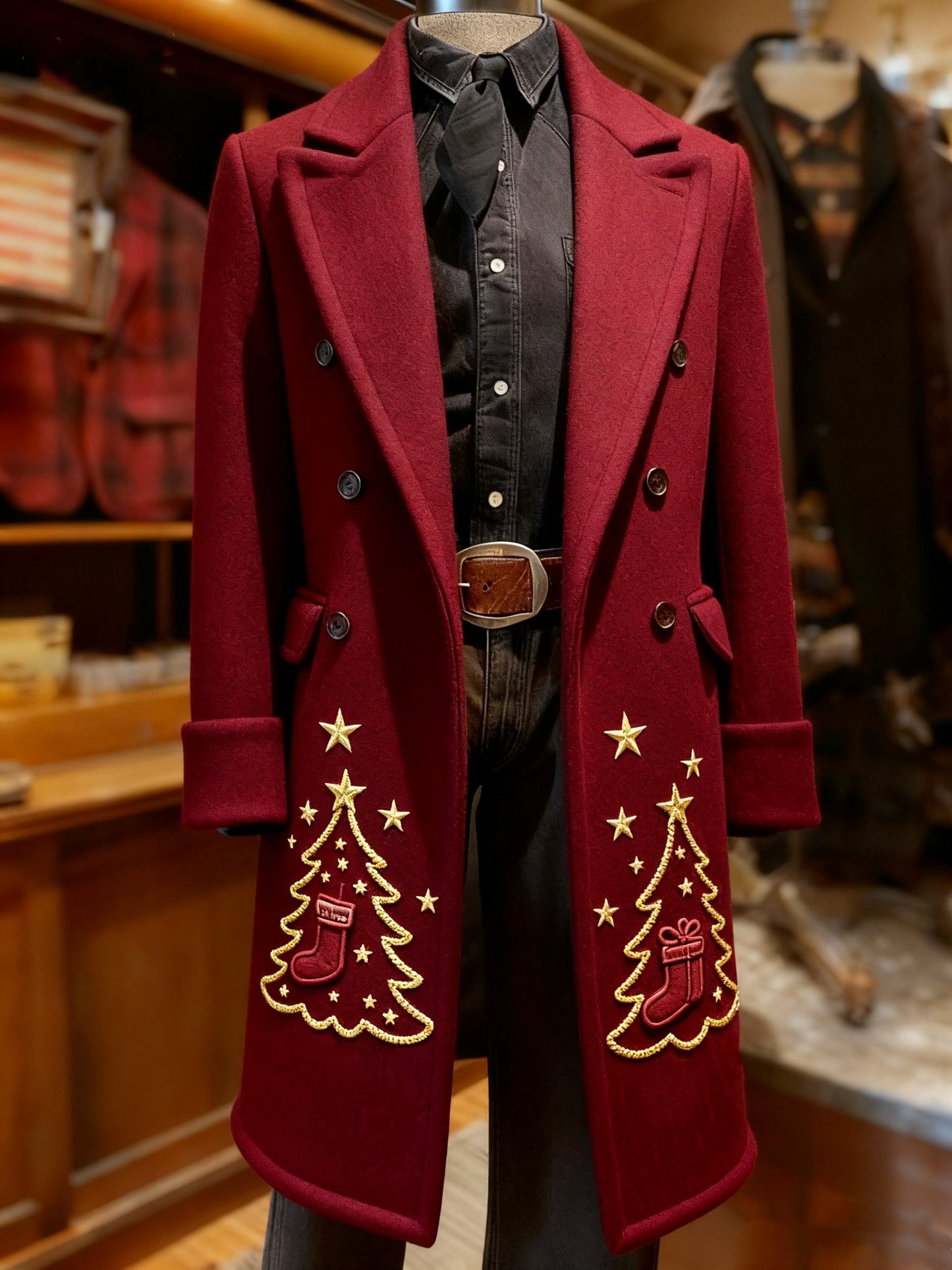 Men's Business Reindeer Christmas Snowman Tree Snowflakes Santa Long Wool Coat