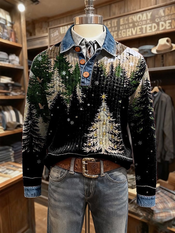 Men's Retro Christmas Print Denim Patchwork Button-Up Sweatshirt