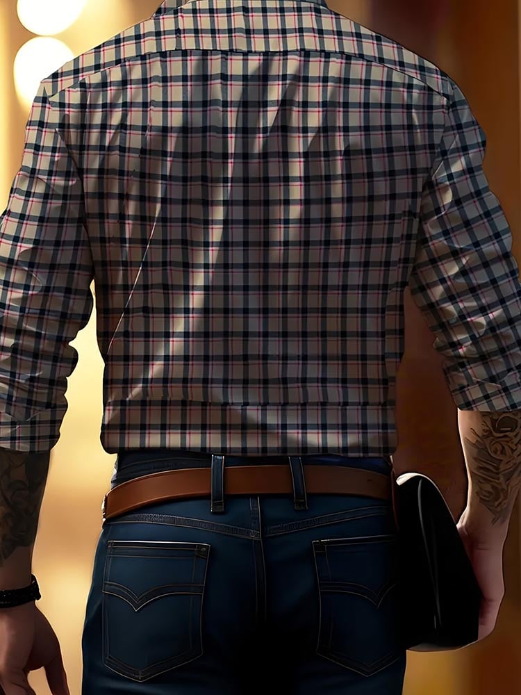 Men's Classic Long Sleeve Checkered Casual Printed Long Sleeve Shirt