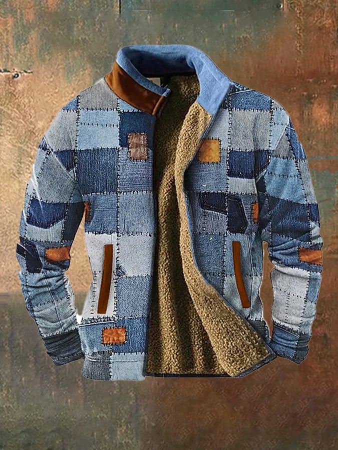 Men's vintage western hunting patchwork warm fleece jacket