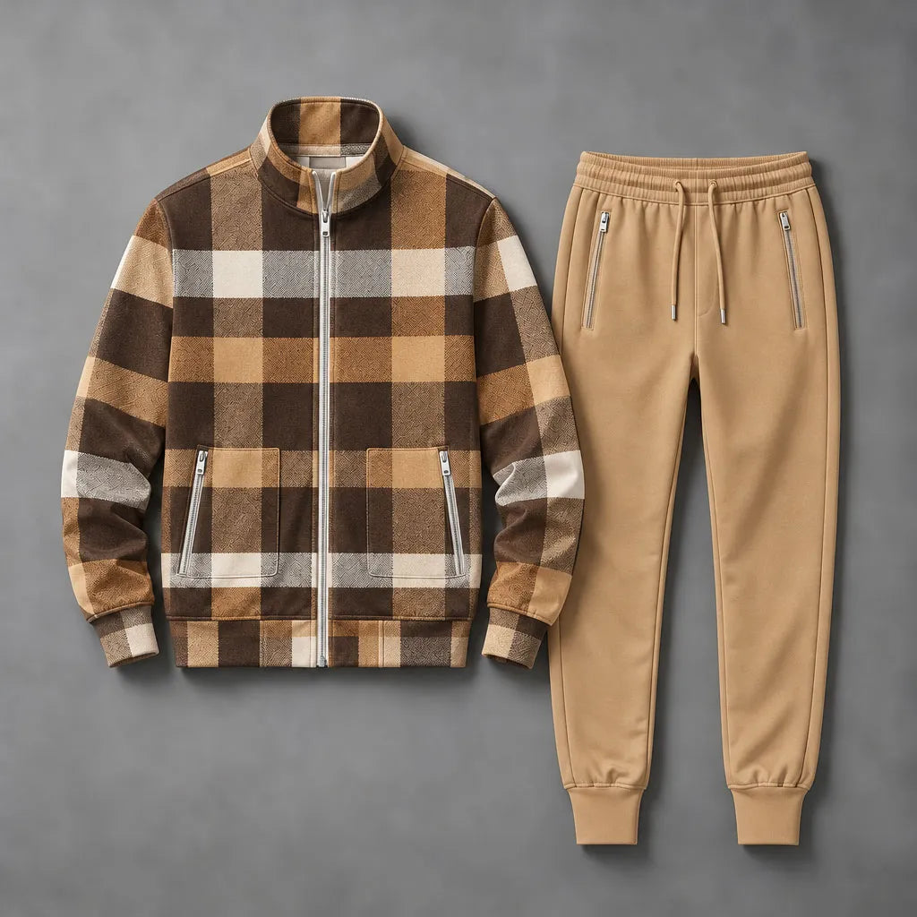 Men's Checkered Print Stand-Up Collar Sweatshirt and Pants Set
