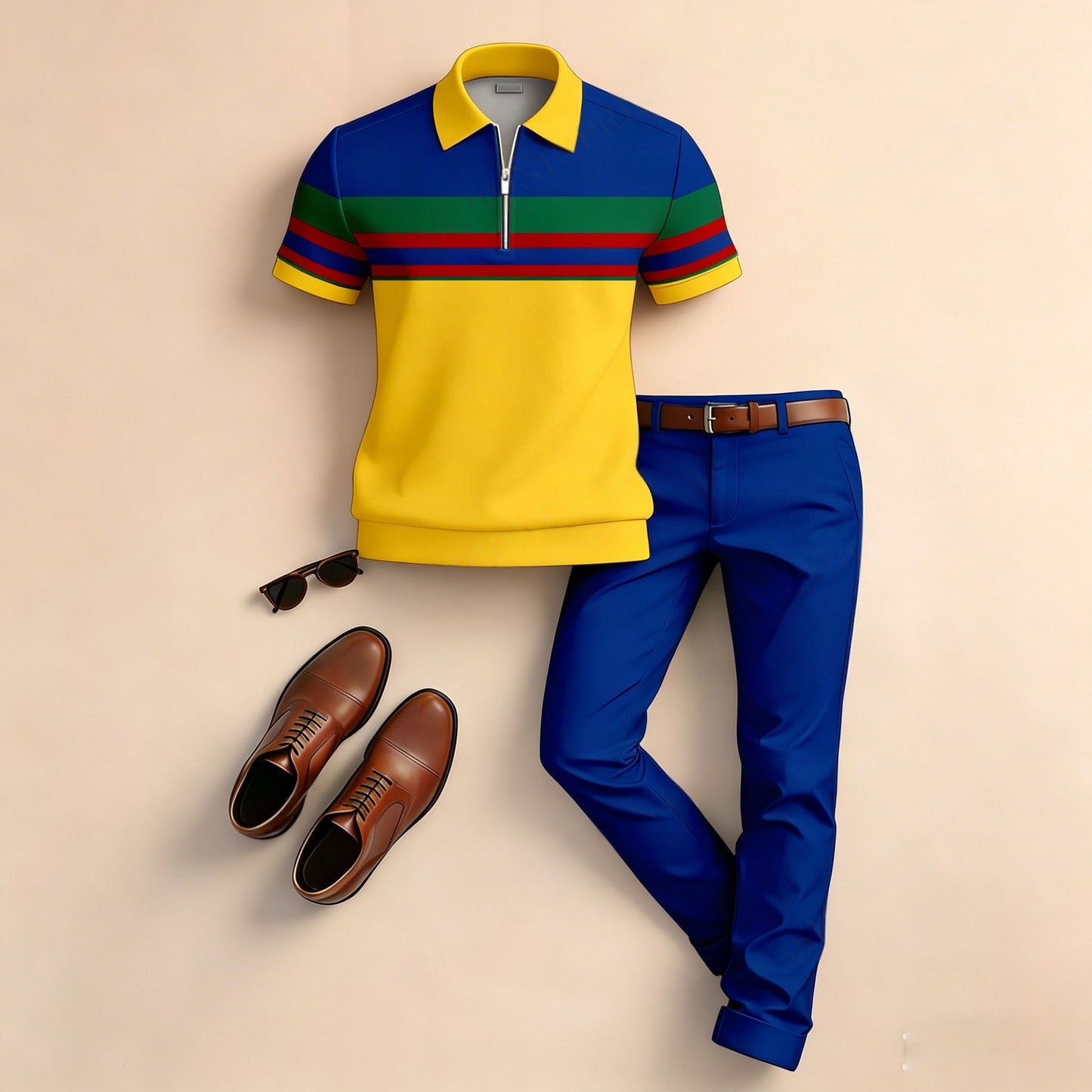 Men's Casual Horizontal Striped Patchwork Print Short-Sleeve Polo Shirt And Pants Two-Piece Set