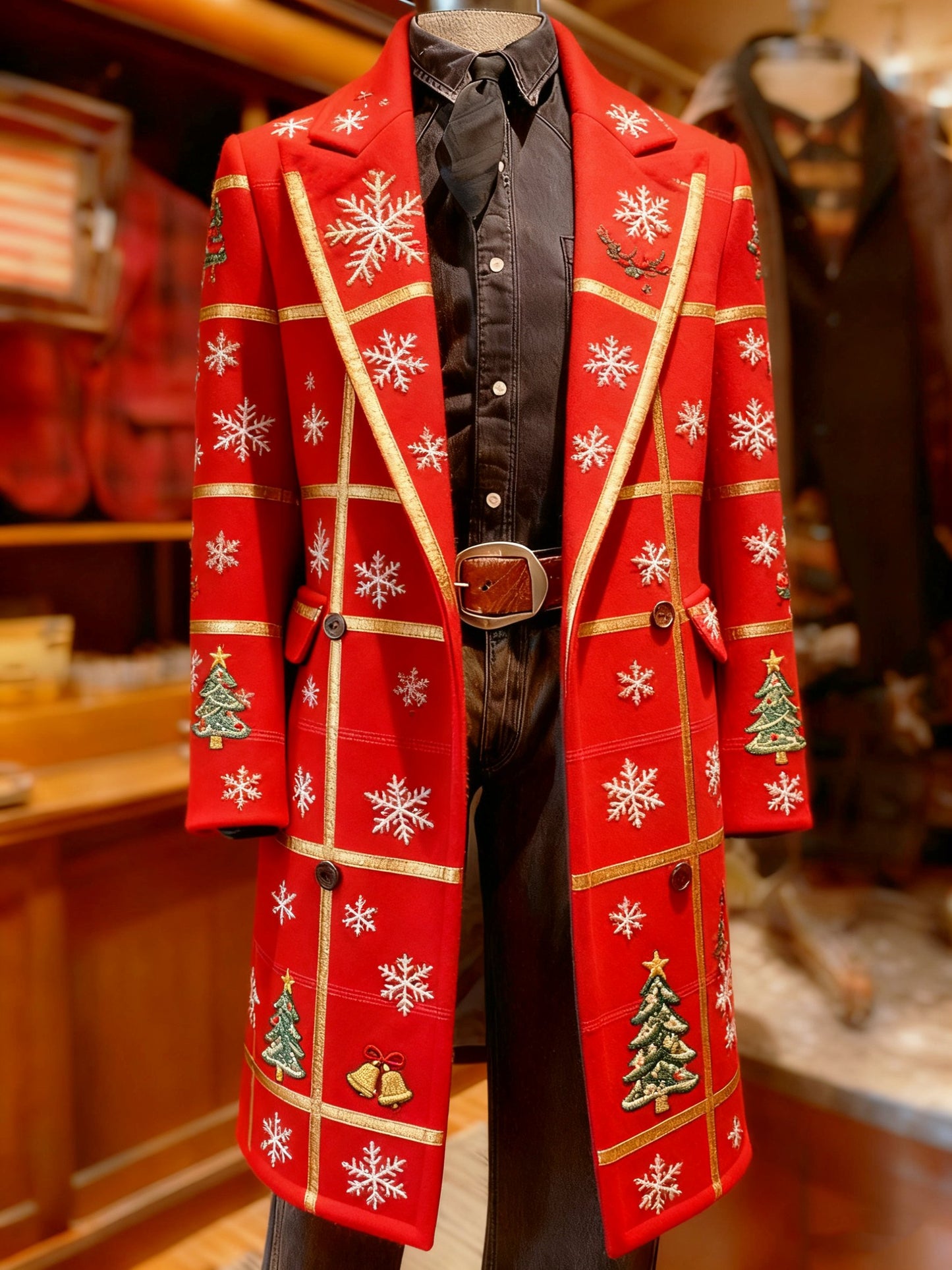 Men's Business Reindeer Christmas Tree Snowflakes Santa Long Wool Coat