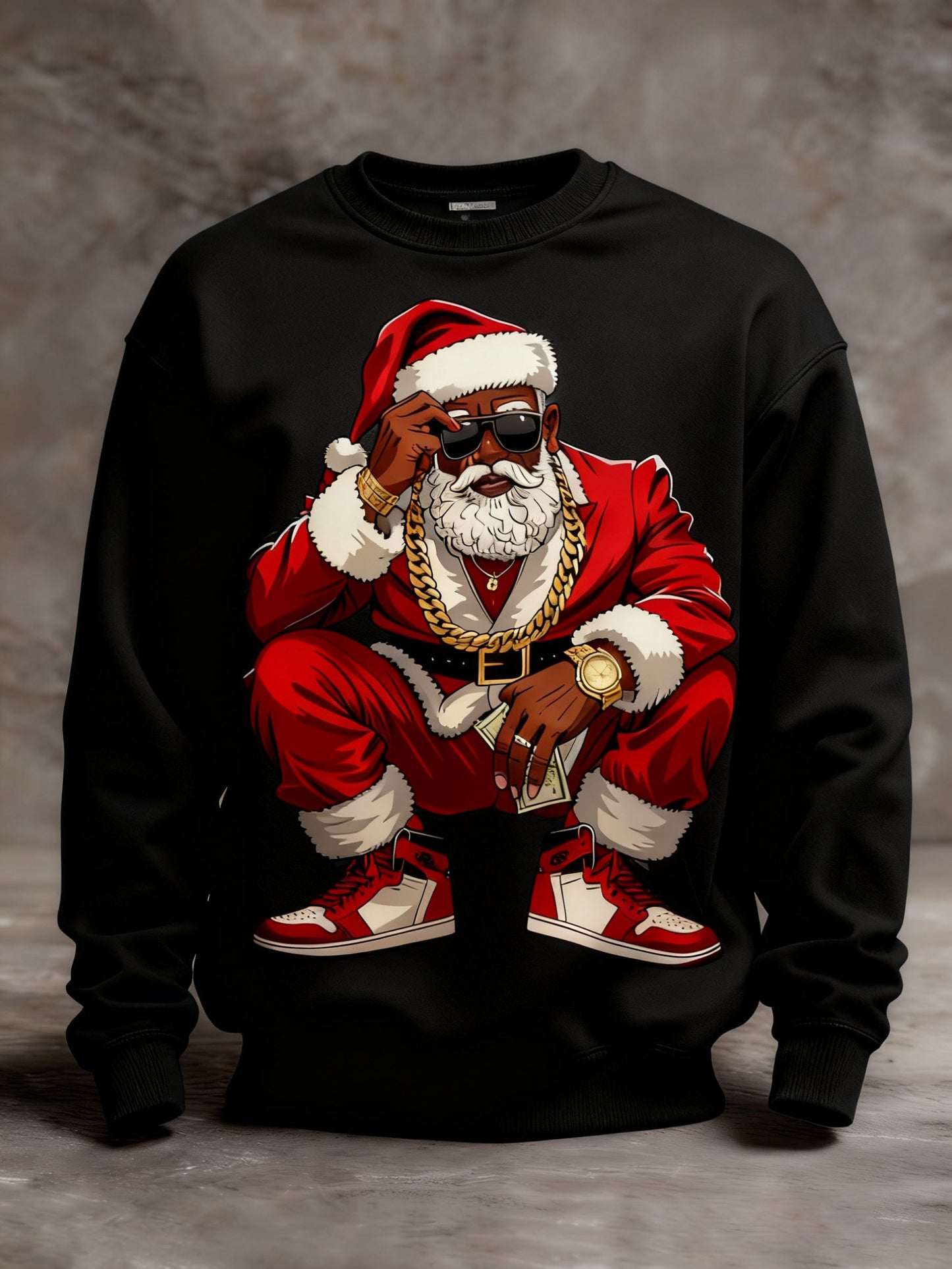 Men's African American Santa Claus Christmas Print Crew Neck Shirt