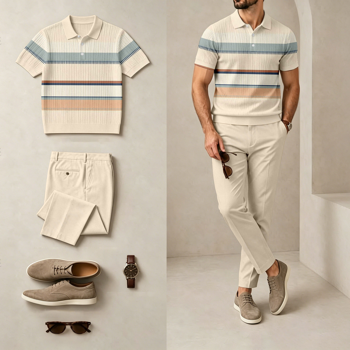 Men's Casual Horizontal-Striped Printed Short-Sleeve Polo Shirt And Pants Set (Excludes Accessories Such As Watches And Glasses)