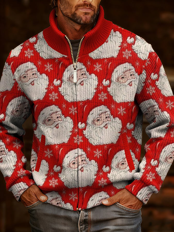 Men's Vintage Christmas Art Design Printed Knitted Jacquard Zip Comfort Jacket